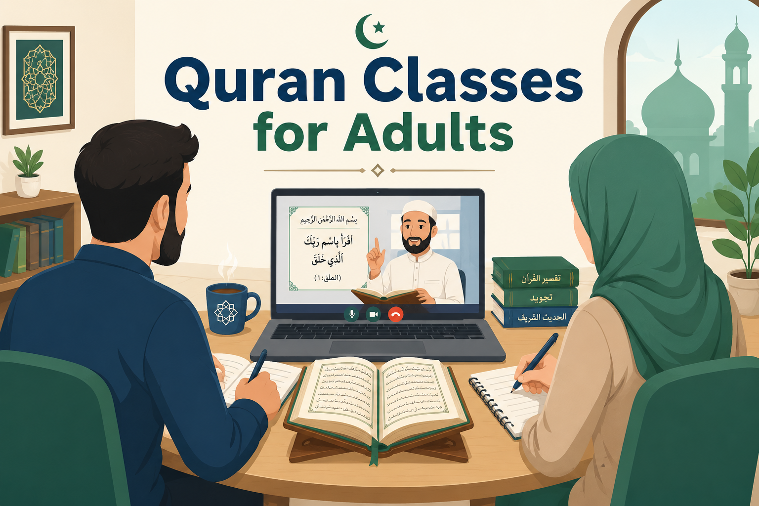 Adult learner studying Quran with focused notes during a live online lesson.